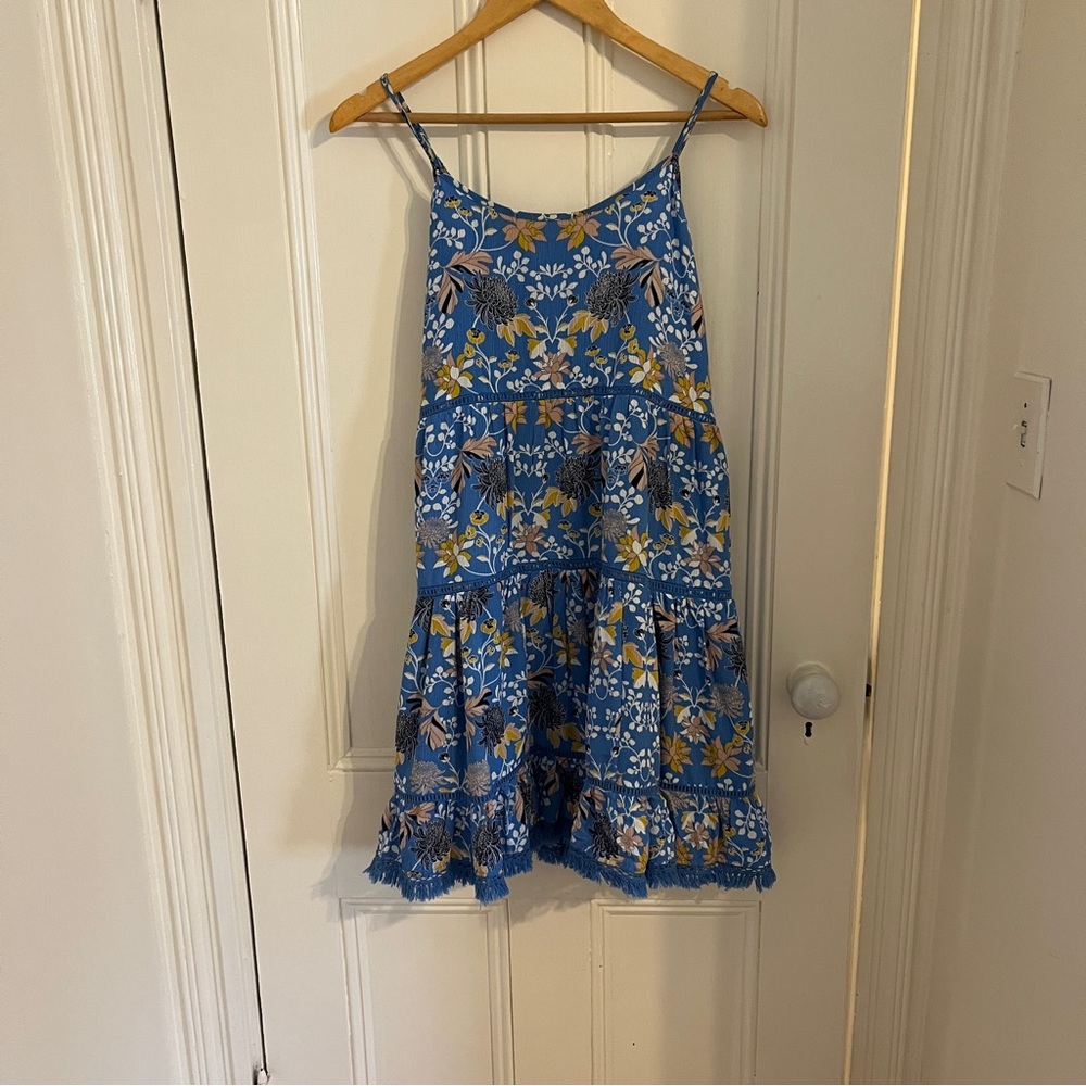 Floral Blue Sundress Fringe, Adjustable Sz S